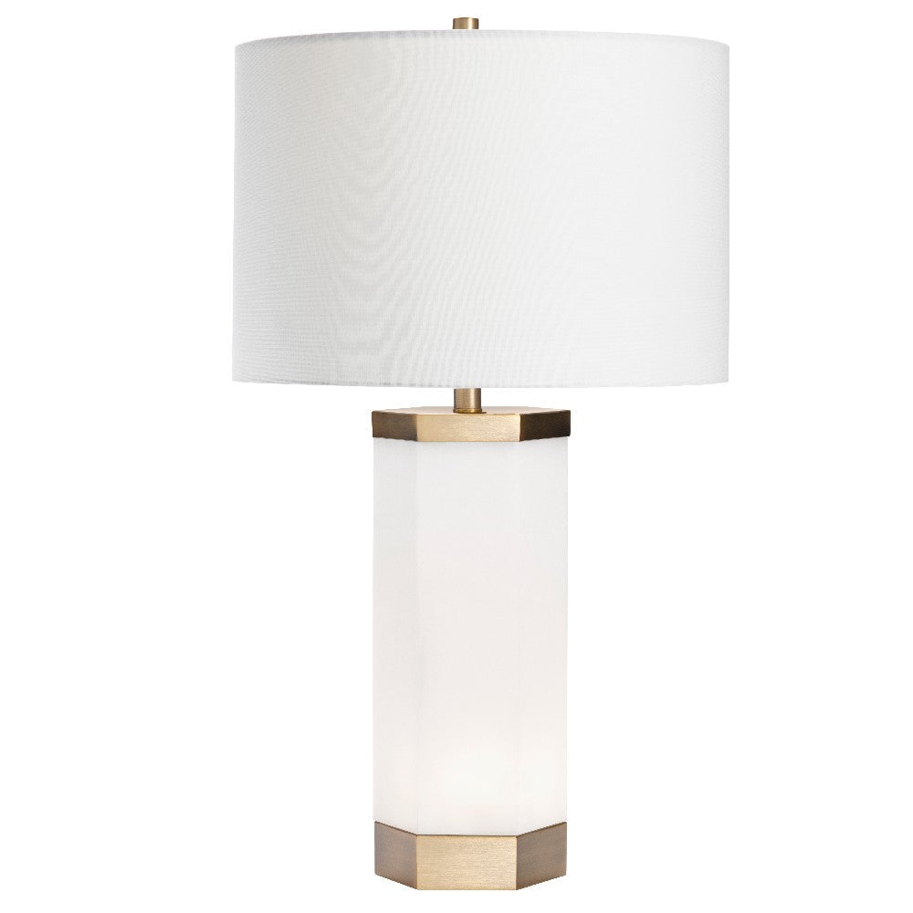 Table Lamp | Faux Alabaster Body | Brass Accents | White Linen Shade