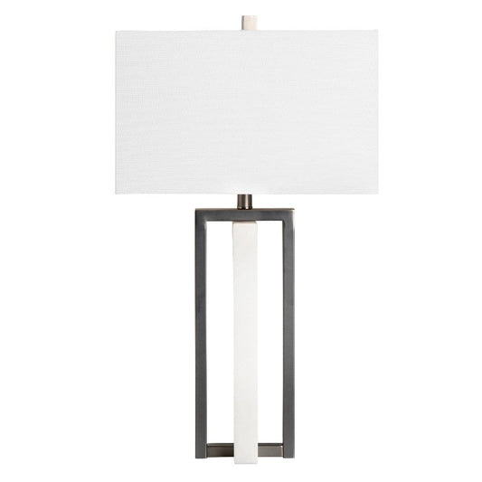 Table Lamp w 30" White Alabaster Body and Linen Shade | Black Metal