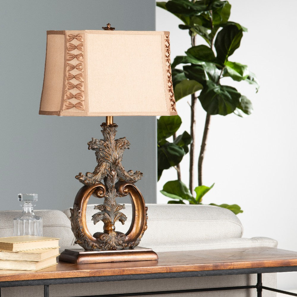 Ria 2pc Table Lamp Set | 33" | Tan Brown Shade | Gold Resin Ornate Base