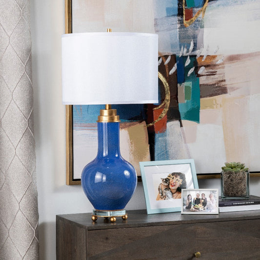 Peni Accent Table Lamp | 32" | White Drum Shade | Dutch Blue Ceramic