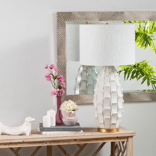 Risa Accent Table Lamp | 34" | White Drum Shade | Scalloped Ceramic
