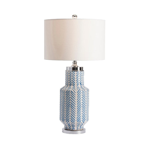Lify Table Lamp | 35" | White Drum Shade | Blue Striped Ceramic