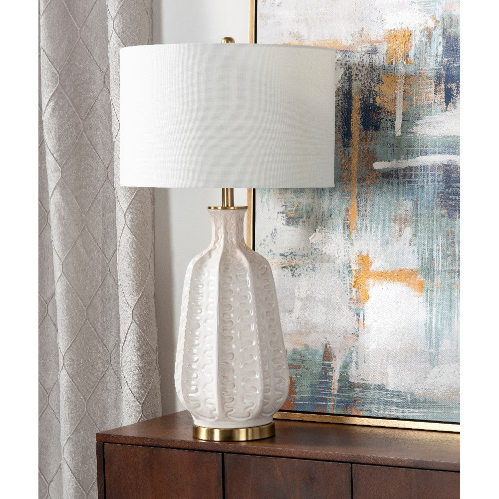Ramy 2pc Table Lamp Set | 34’’ | White Drum Shade | Scalloped Ridged Ceramic CCL-CVAP2256