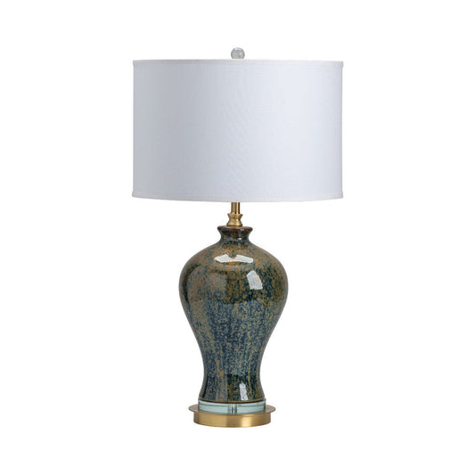 Aldo Table Lamp | 30" | White Drum Shade | Glazed Green Ceramic