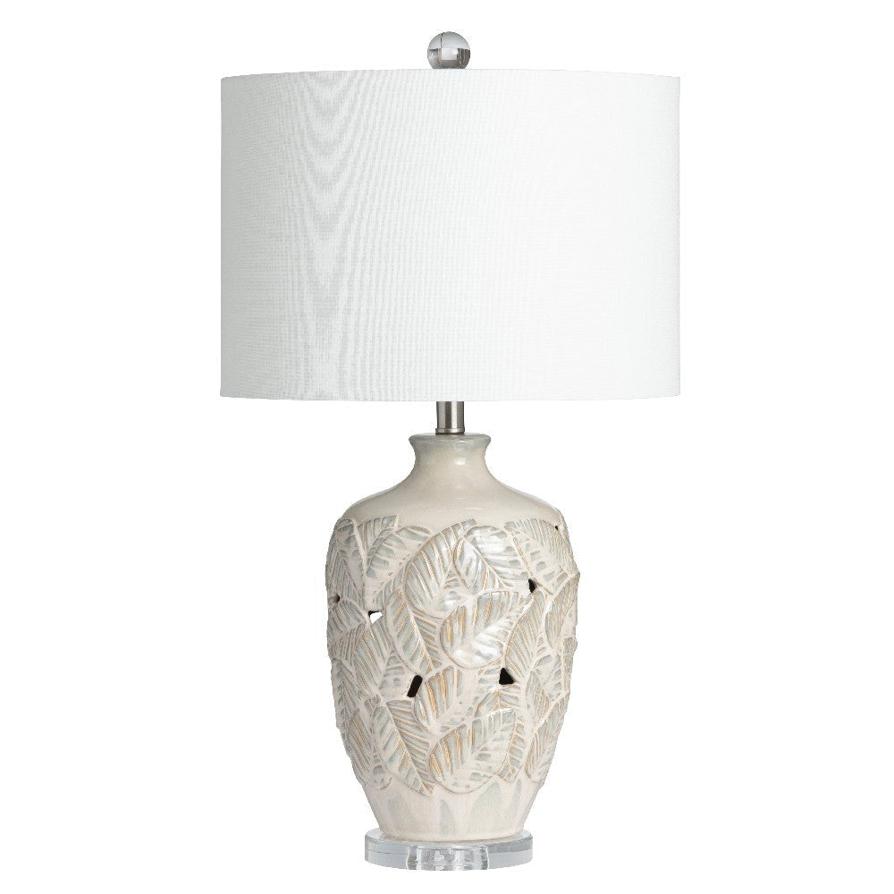 Roly Table Lamp | 29" | White Drum Shade | Leaf Textured Ceramic