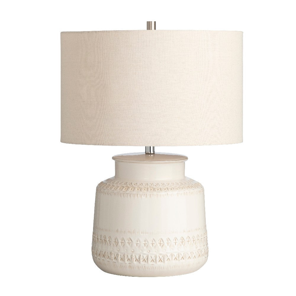 Table Lamp | Linen Drum Shade | Textured Cream Ceramic Body | 25"