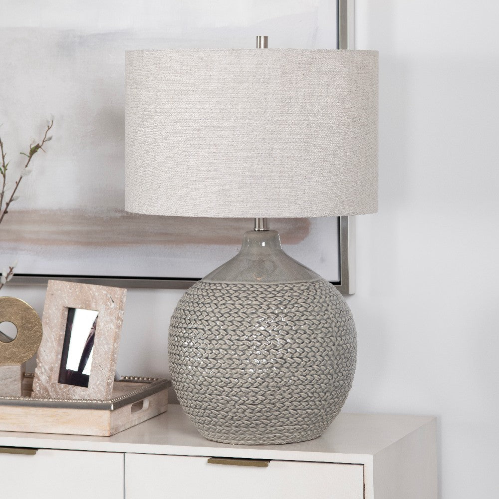 Table Lamp | Gray Braided Ceramic Body | 26" | White Linen Shade