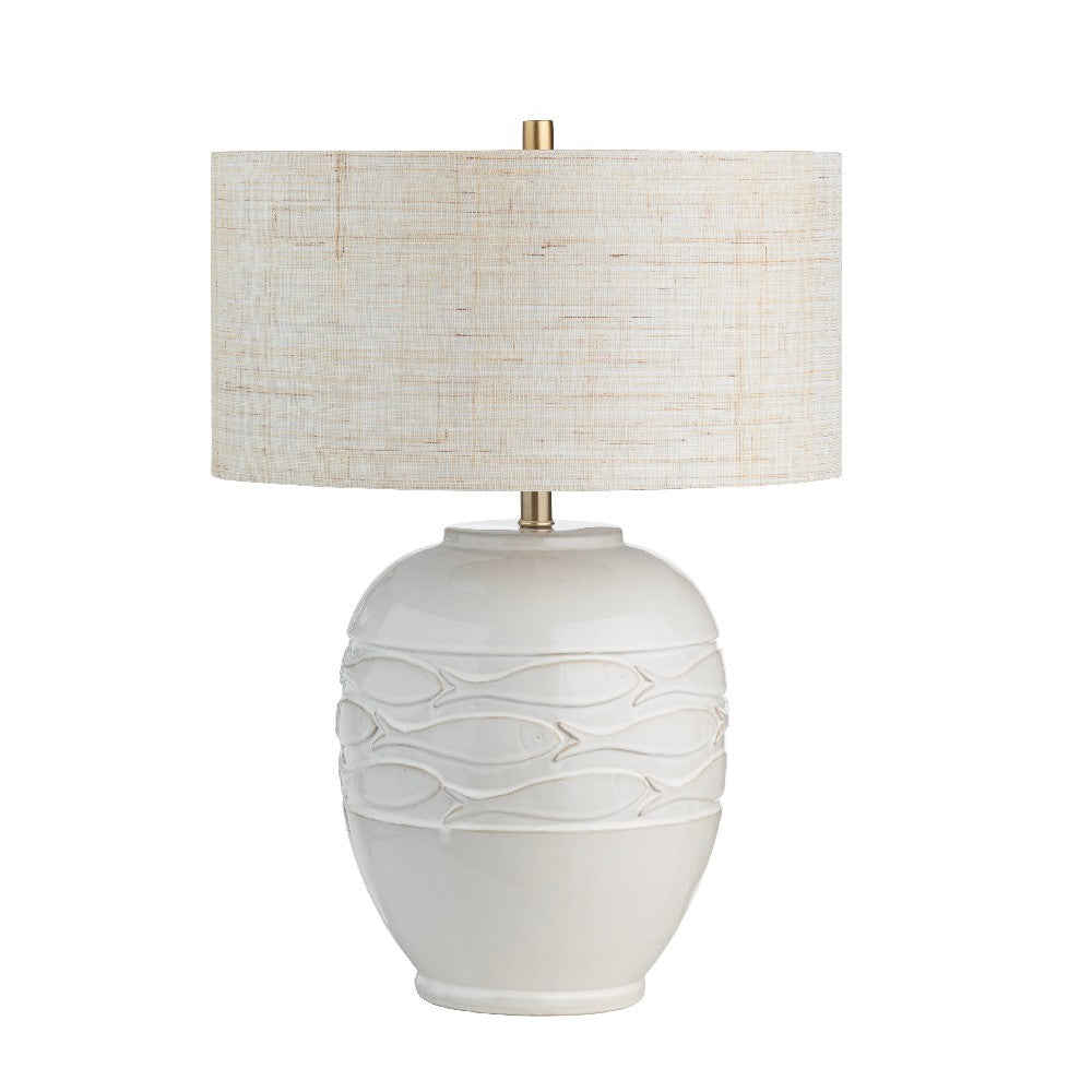 Table Lamp | Cream Fish Motif Design | 26" | Grasscloth Drum Shade
