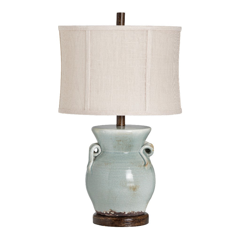 Table Lamp Set of 2 | Green Ceramic Urn Body | Oatmeal Brown Burlap