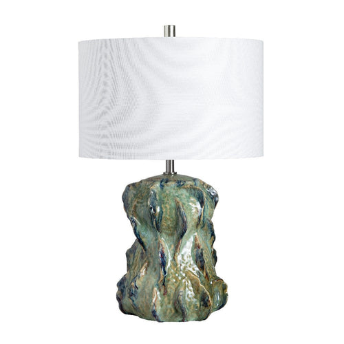 Table Lamp | Green Meadow Ceramic Body | 25" | White Linen Drum Shade