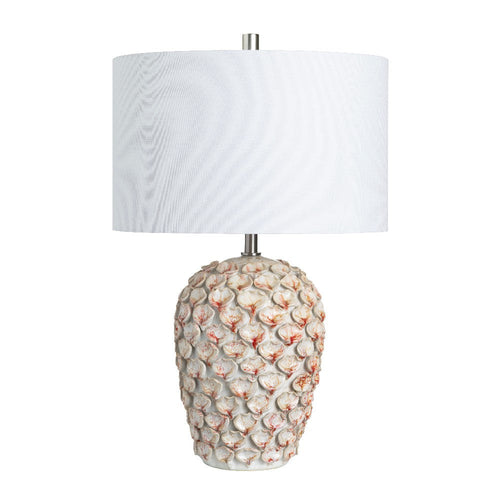 Table Lamp | Red Ceramic Floral Design | 25" | White Linen Drum Shade