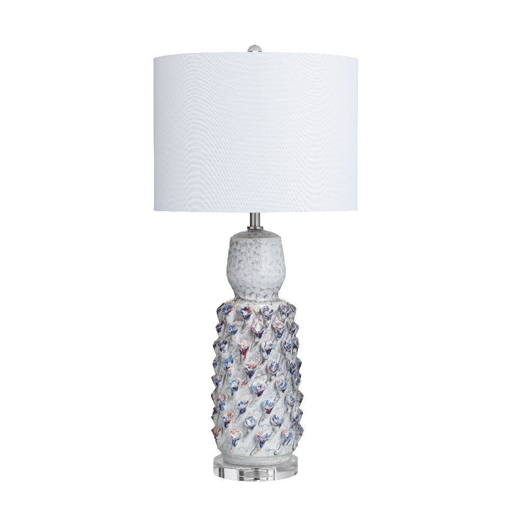 Table Lamp Set of 2 | Blue Ceramic Floral Design | White Linen Tapered Shade