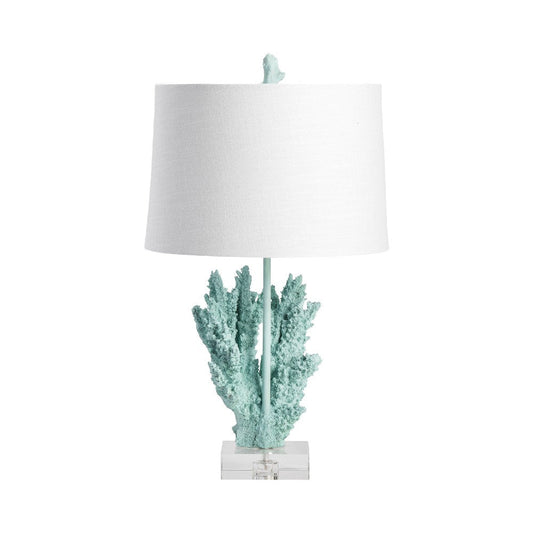 Table Lamp | Blue Resin | Clear Crystal Base | White Drum Shade | 25"