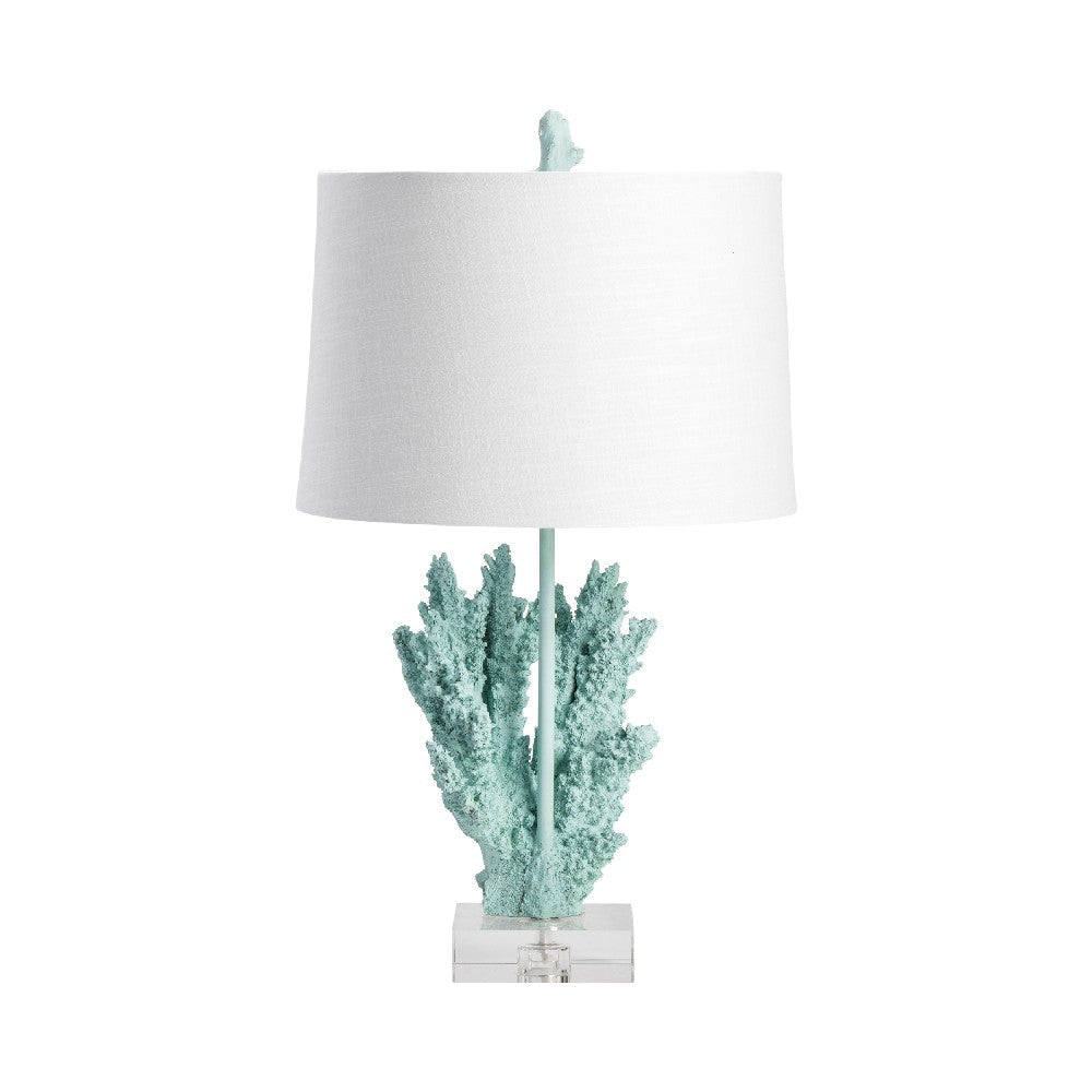 Table Lamp | Blue Resin | Clear Crystal Base | White Drum Shade | 25"