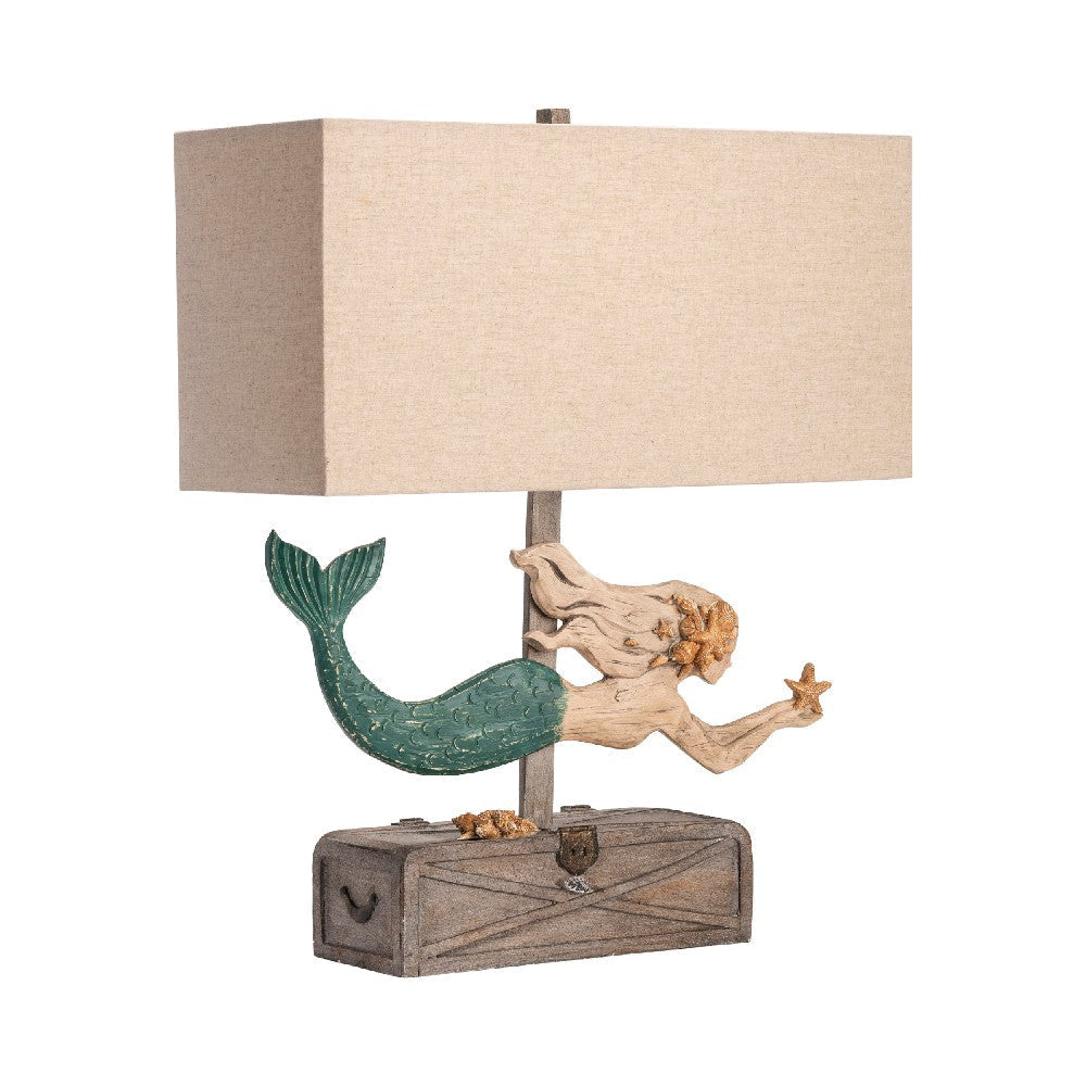 Mermaid Table Lamp Set of 2 | Green Resin | Oatmeal Linen Shade | 27"