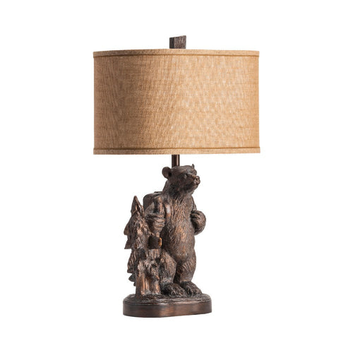 Table Lamp | Resin Bear Base | Tan Brown Linen Oval Shade | 29"