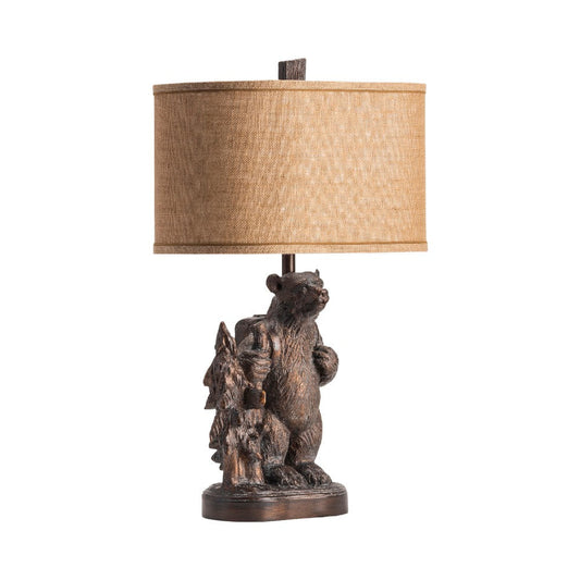 Table Lamp | Resin Bear Base | Tan Brown Linen Oval Shade | 29"