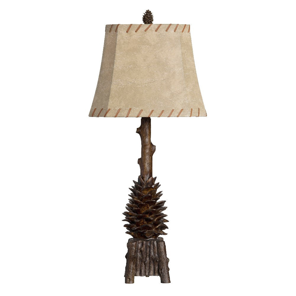 Pinecone Table Lamp Set of 2 | Brown Resin | Beige Faux Leather Shade | 34"