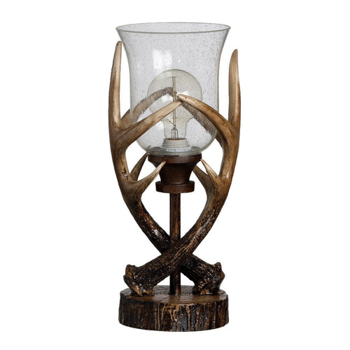 Table Lamp | Rustic Antler Uplight | Brown Resin | Glass Shade | 18"