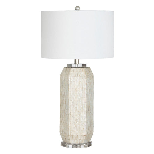 Table Lamp Set of 2 | White Resin | Coastal Pearl Shell | Drum Shade | 31"