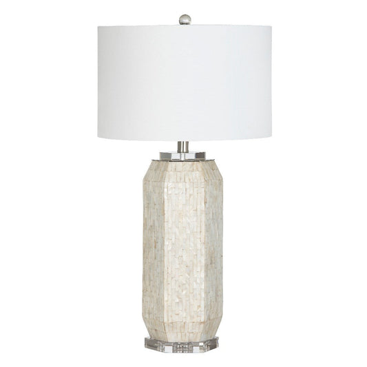 Table Lamp Set of 2 | White Resin | Coastal Pearl Shell | Drum Shade | 31"