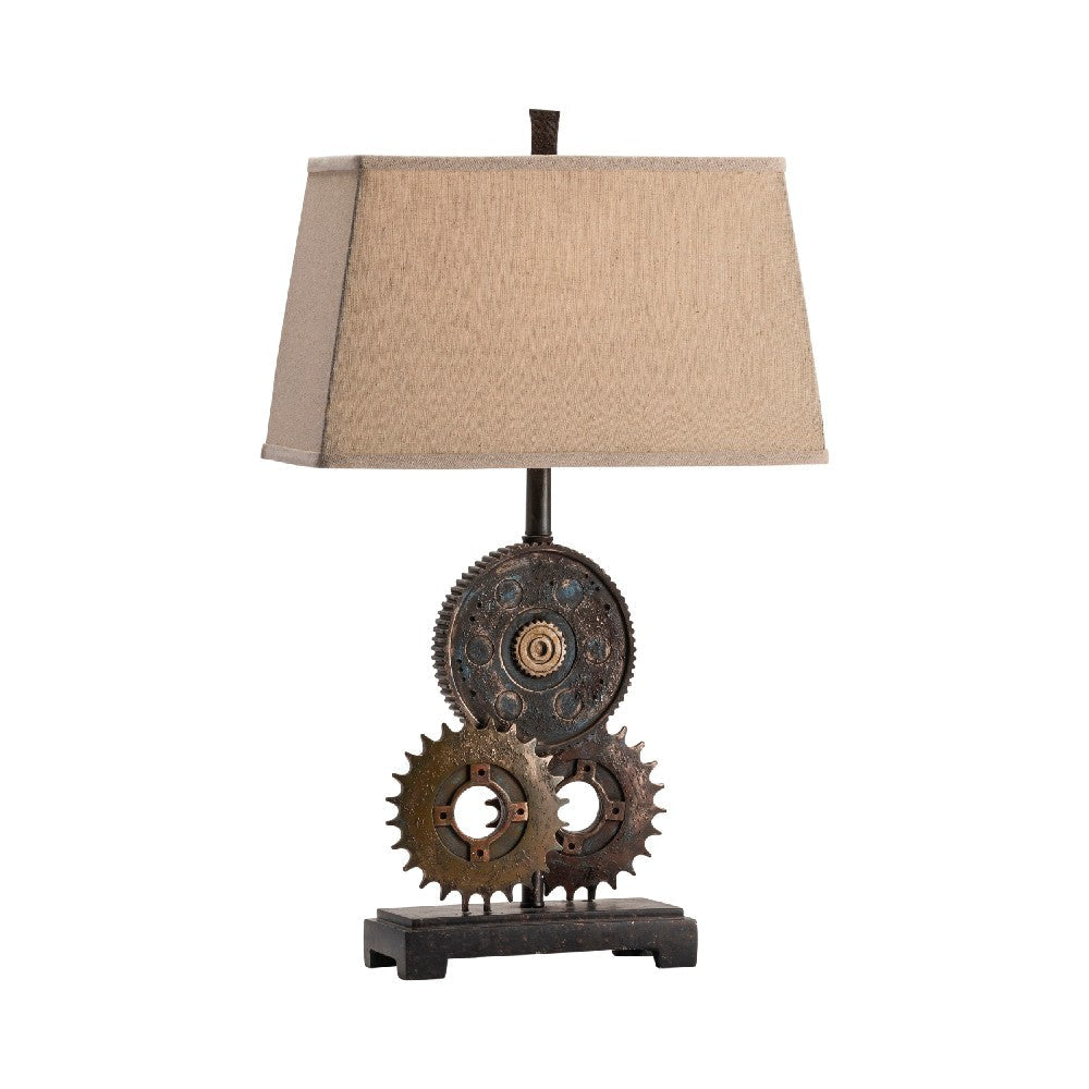 Table Lamp | Brown Resin Mechanical Gears | Tan Brown Linen Shade | 29"