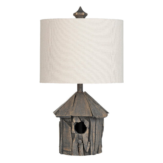 Table Lamp Set of 2 | Birdhouse Design Brown Resin | Cream Linen Shade
