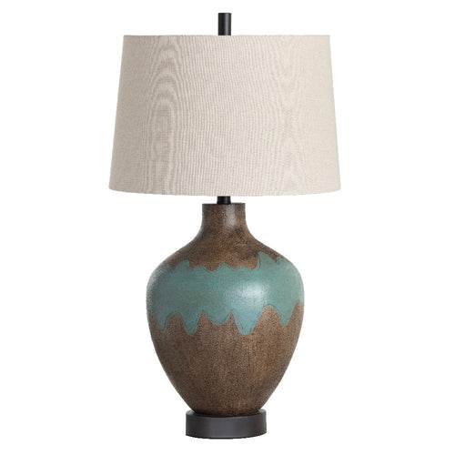Table Lamp | Teal Blue, Brown Resin Frame | Cream Linen Shade | 30"