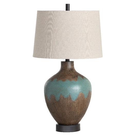 Table Lamp | Teal Blue, Brown Resin Frame | Cream Linen Shade | 30"
