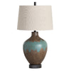 Table Lamp | Teal Blue, Brown Resin Frame | Cream Linen Shade | 30"