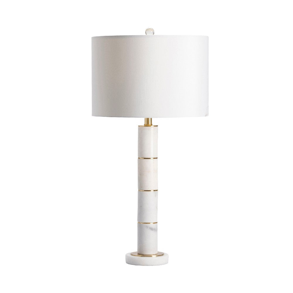 Table Lamp Set of 2 | Gold White Marble Column | Drum Shade | Crystal Finial