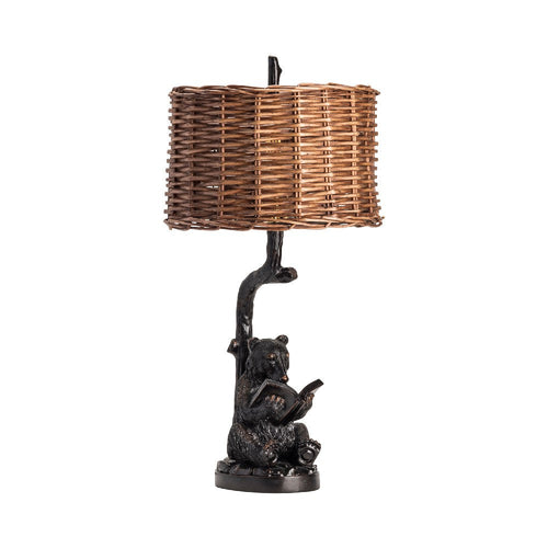 Table Lamp Set of 2 | Black Resin Reading Bear with Rattan Shade | 34"
