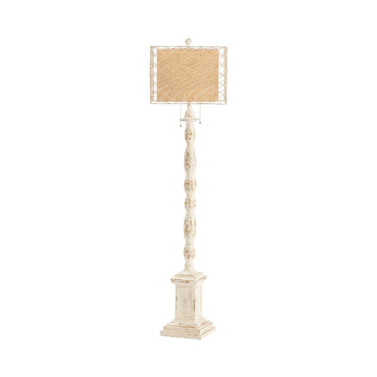 Floor Lamp | Fabric Shade w Metal Mesh | Distressed White Resin | 62"