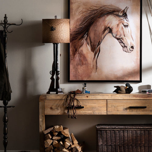 Hunting Heritage Table Lamp Set of 2, Resin Guns, Tan Shade w Flying Birds