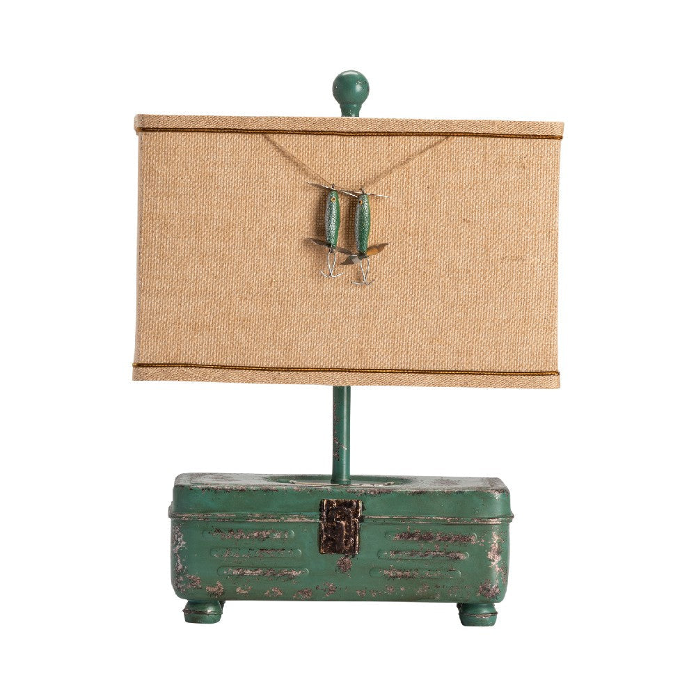 Resin Table Lamp Set of 2 | Tan Burlap Shade | Green Resin Tackle Box CCL-CVAVP829