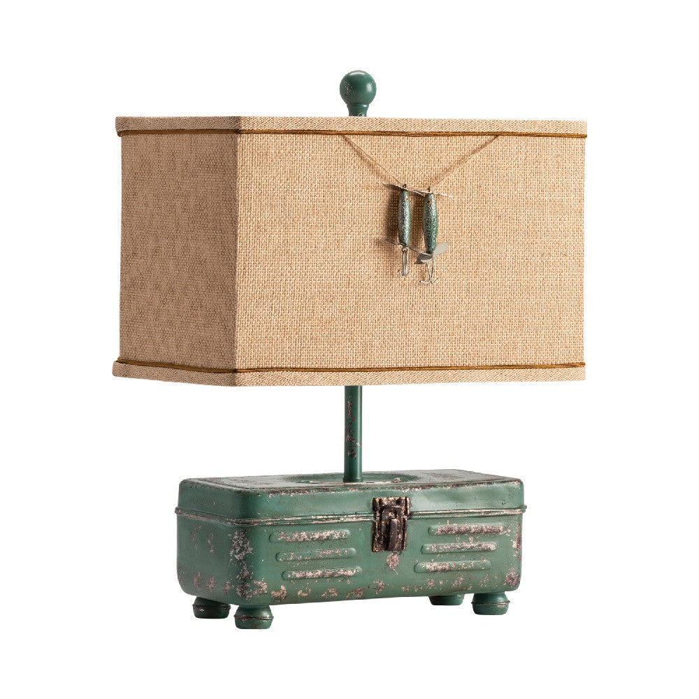Resin Table Lamp Set of 2 | Tan Burlap Shade | Green Resin Tackle Box