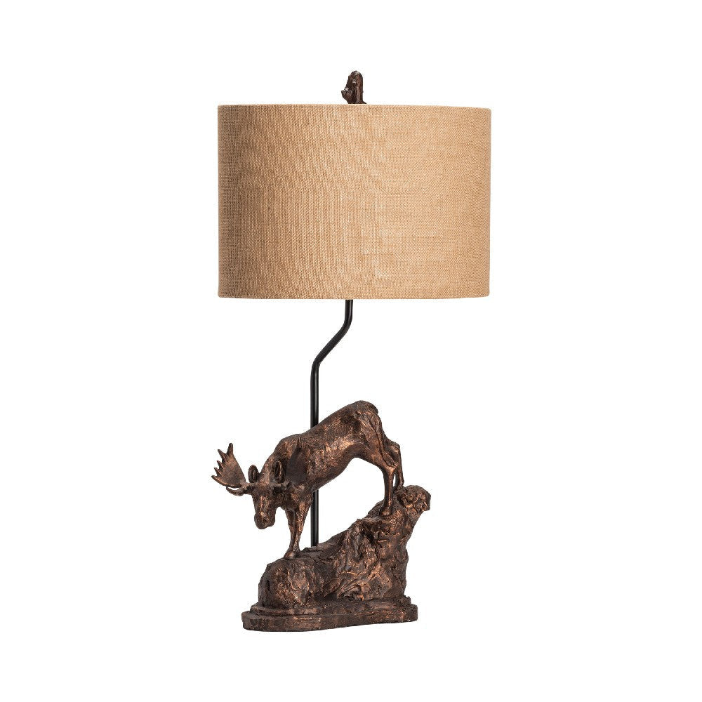 Table Lamp Set of 2 | Bronze Resin and Metal Moose | Tan Burlap Shade