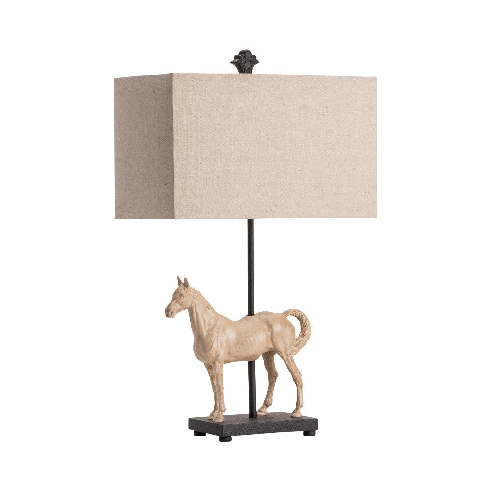 Table Lamp | Cream Resin Horse Base | Oatmeal Fabric Shade | 27"