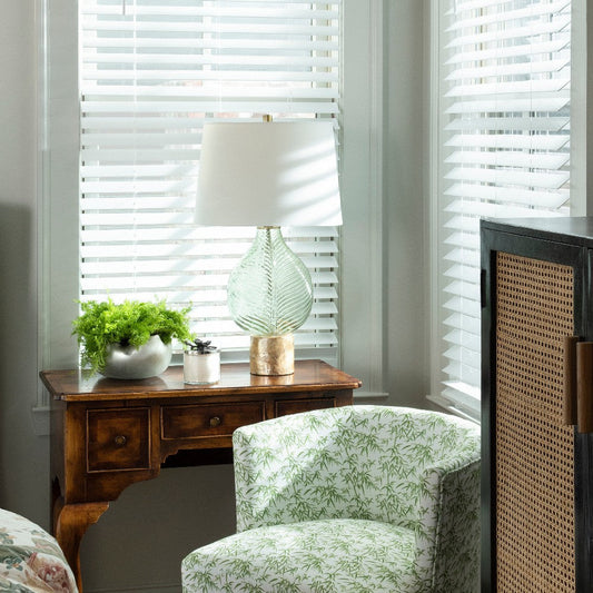 28" Table Lamp | White Shade | Green Glass Leaf | Brown Capiz Shell