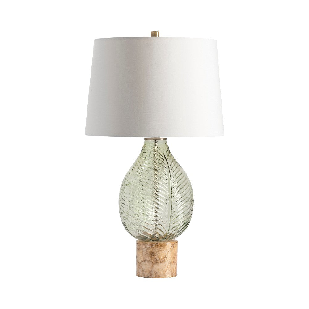 28" Table Lamp | White Shade | Green Glass Leaf | Brown Capiz Shell