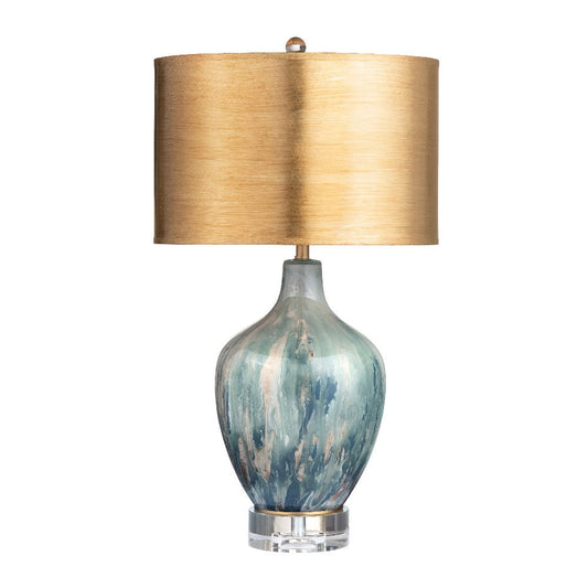 Henry Table Lamp with Gold Drum Shade | Crystal Base and Gray Glass