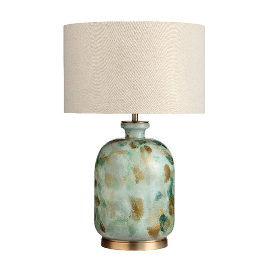 Uzma Table Lamp with Oatmeal Linen Shade | Metal Base | Green-Gold Glass