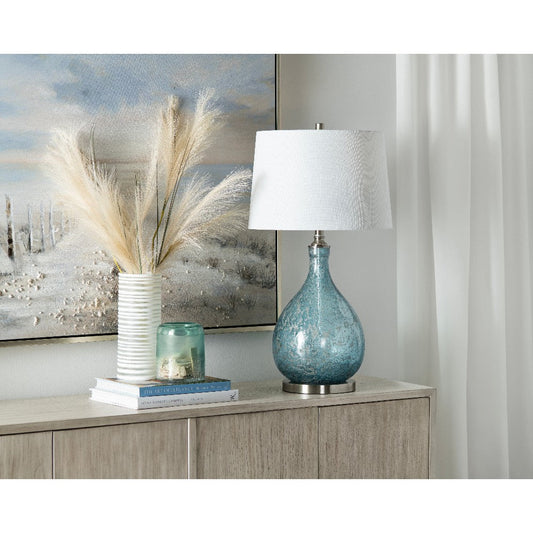 Taha Table Lamp with White Tapered Drum Shade | Metal Base | Blue Glass