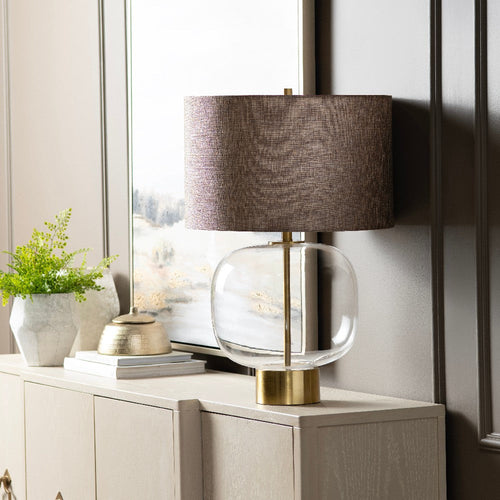 Aady Table Lamp | Brown Linen Shade | Gold Metal Accents | Clear Glass