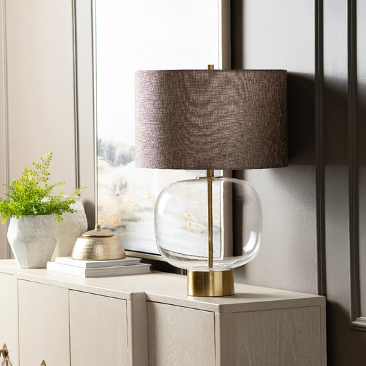 Aady Table Lamp | Brown Linen Shade | Gold Metal Accents | Clear Glass