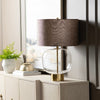 Aady Table Lamp | Brown Linen Shade | Gold Metal Accents | Clear Glass
