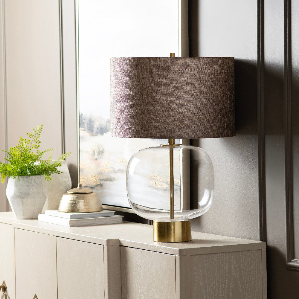 Aady Table Lamp | Brown Linen Shade | Gold Metal Accents | Clear Glass