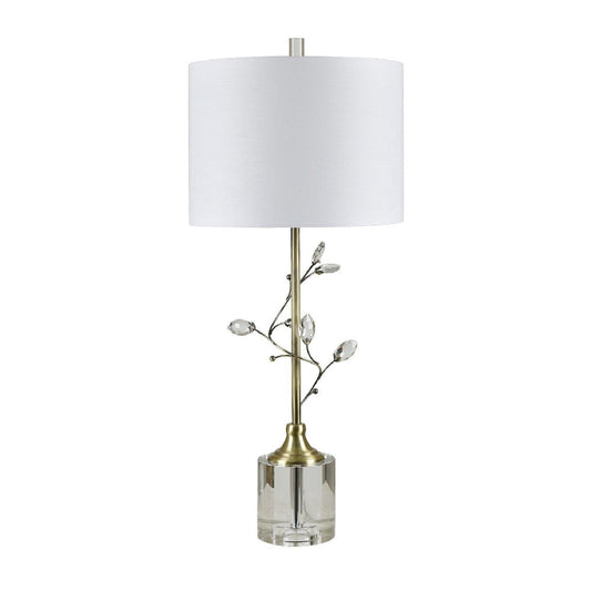 Cazy Table Lamp with Textured Burlap Shade | Crystal Leaves and Green Glass