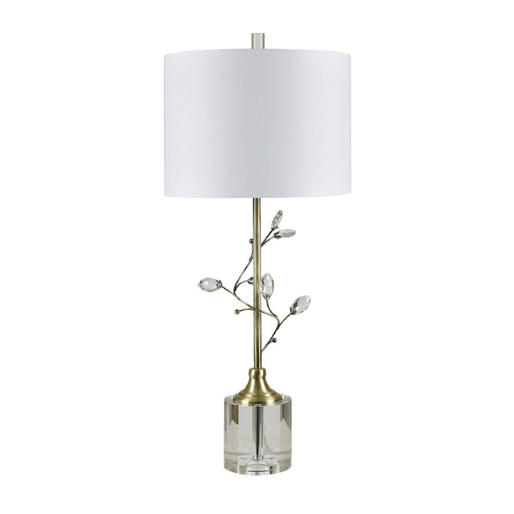 Cazy Table Lamp with Textured Burlap Shade | Crystal Leaves and Green Glass