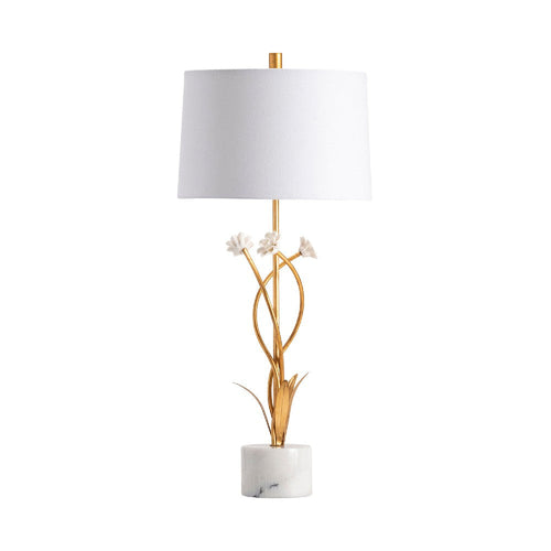 Alloy Accent Table Lamp Set of 2 | Botanical Floral Accents | White Shade | Gold